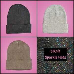 3 Winter Knit Toboggan Beanie Hats Solid Color With Rainbow Sparkle Threads OSFM